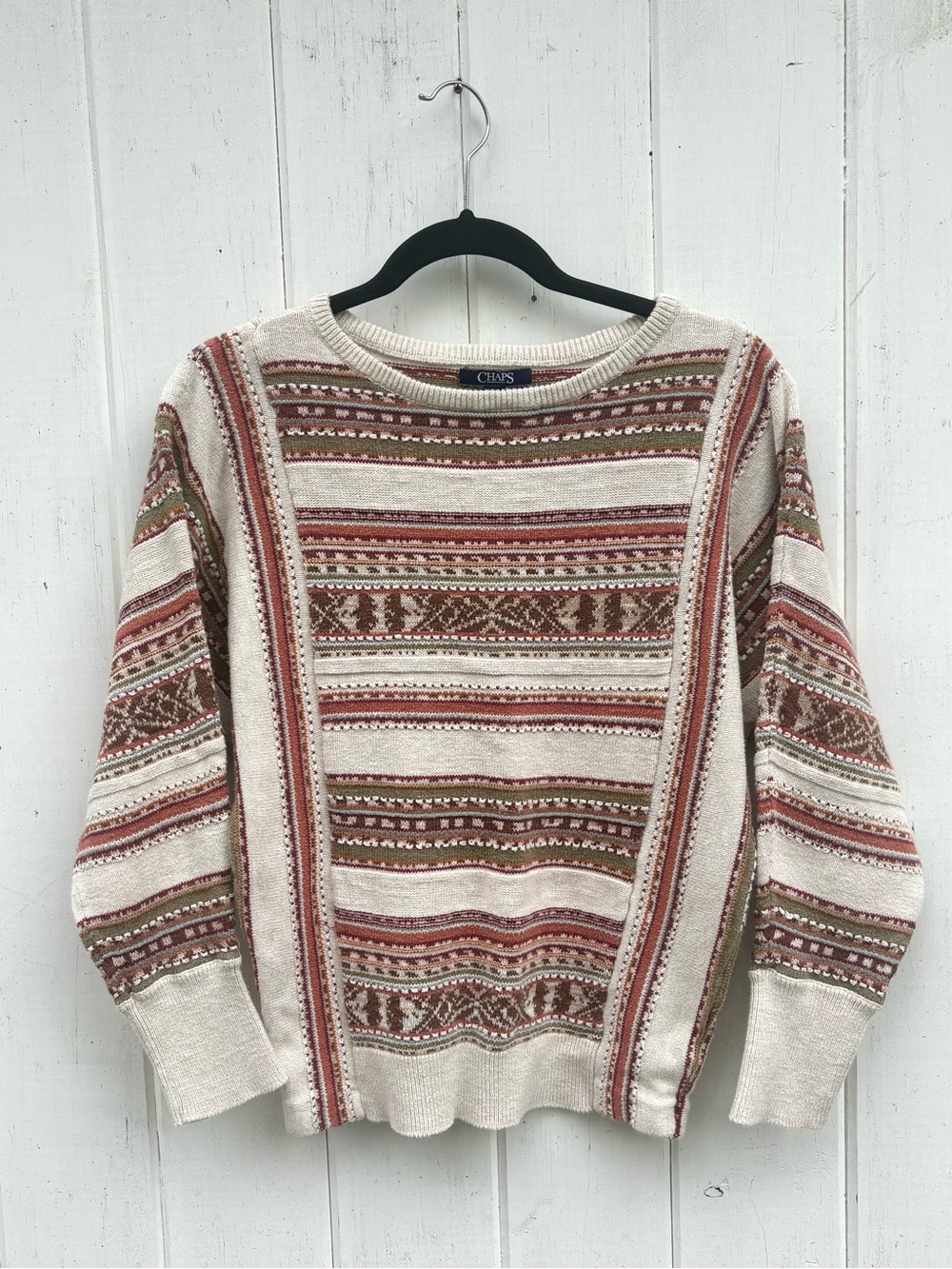 Chaps Cream Sweater with Rust and Olive Fair Isle Stripes